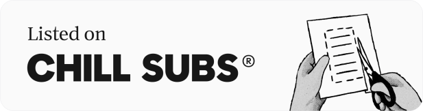 the phrase listed on chill subs with a marca registrada and a pair of hands cutting some paper