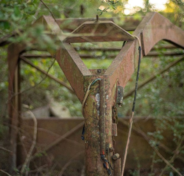 a rusty trailer hitch surrounded by green woods