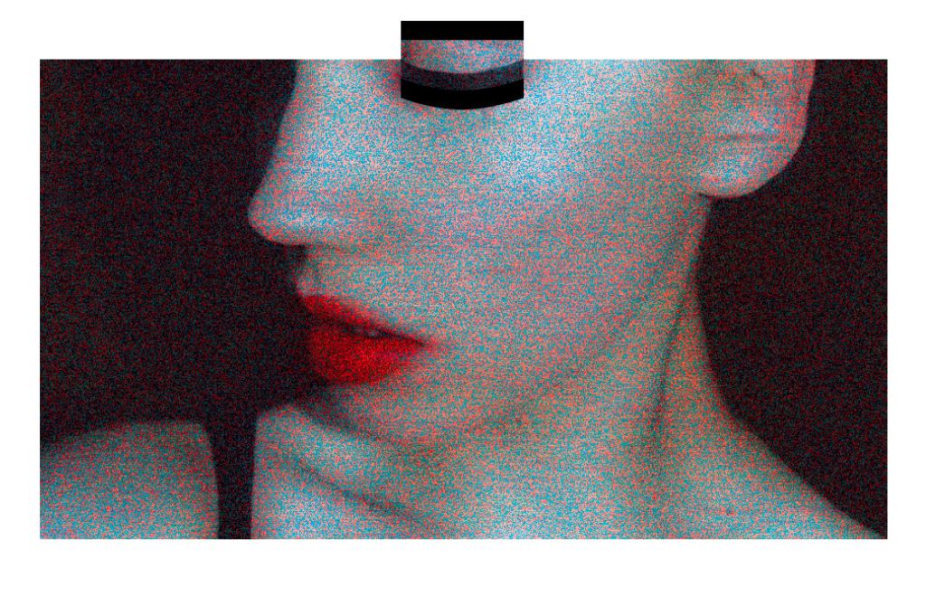 a pale angular face and collarbone with bright red-orange lips