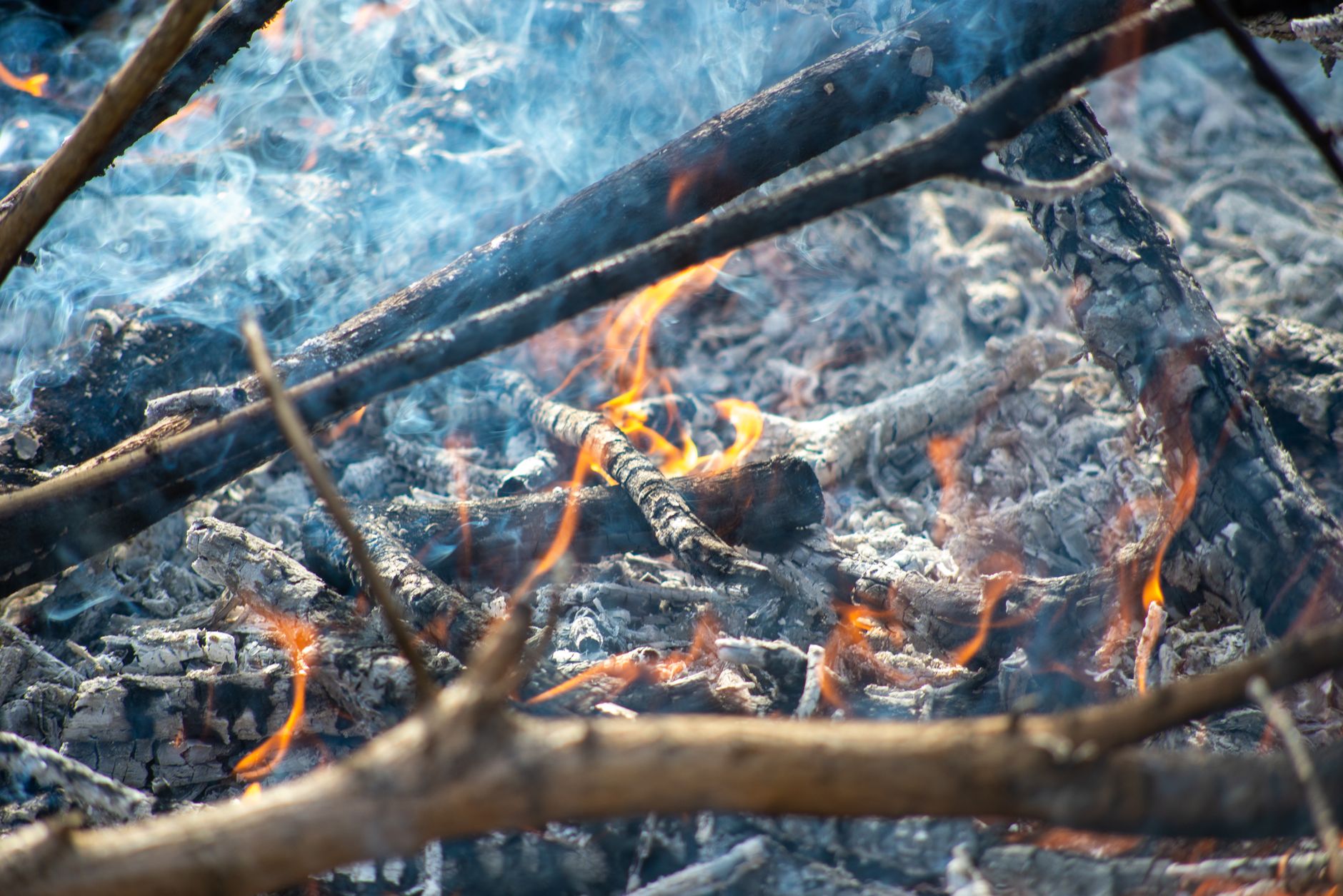 remainder of branches in a fire, still smoldering with a little bit of orange flame holding on